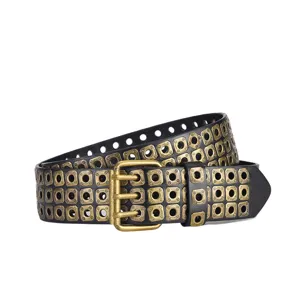Punk Stil schwarzer PU Ledergürtel mit dreireihigen Messing Ösen und Dreifach Dorn Schnalle.