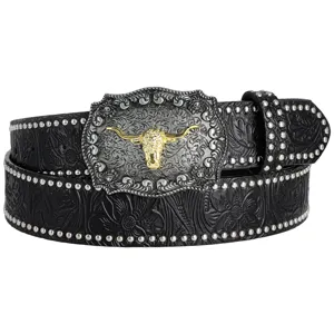 Detailansicht des schwarzen Leder-Nietengürtels mit markanter Western-Stierschnalle.