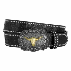 Herren Punk Retro Ledergürtel mit Nieten und westlicher Stierkopf Schnalle schwarz.