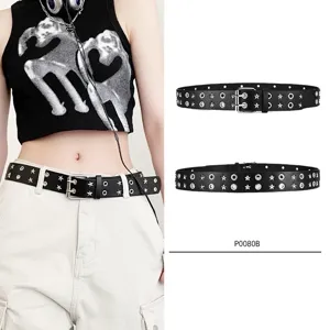 Punk double grommet star leather belt for men and women, edgy streetwear jeans accessory.