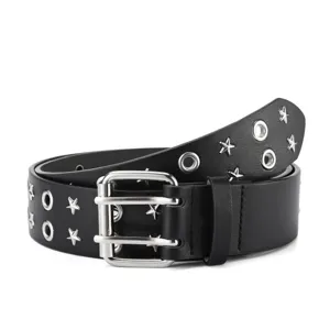 Black punk double-prong leather belt with metal grommets and star studs for men and women.
