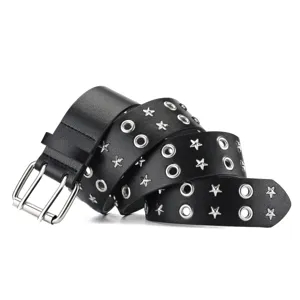 Punk style black leather belt for men featuring double prong buckle and metal star studs.