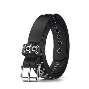 Schwarzer Ledergürtel im Punk-Stil mit silbernen Ösen und Nieten sowie Metalldornschließe.