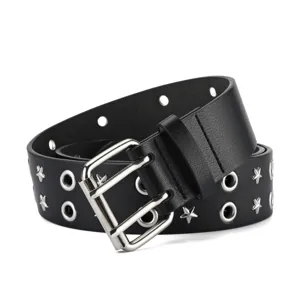 Black leather punk belt featuring double metal grommets, star studs and silver pin buckle.