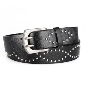 Vintage Streetwear PU Leather Belt For Women Men Geometric Rivet Decoration Double Prong Buckle Punk Rock Style Waist Belt