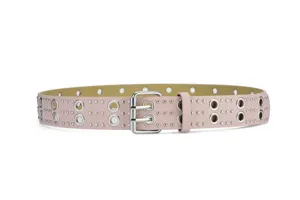 Pink punk style leather belt featuring double grommets and metal studs with a silver metal buckle.