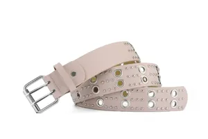 Punk style pink leather belt with metal double prong buckle and eyelet rivets for women.
