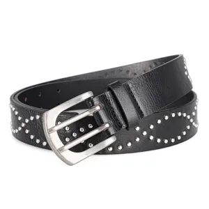 Retro black PU leather belt featuring silver geometric rivets and double-prong buckle