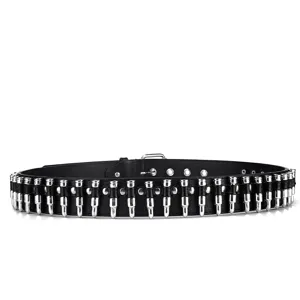 Black punk leather belt with silver bullet-shaped rivets for men and women