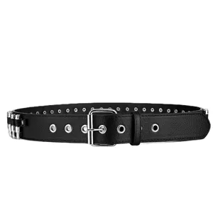 Unisex black punk leather belt featuring silver eyelets and bullet-shaped metal studs