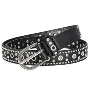 Schwarzer Damen Ledergürtel mit Strass, Nieten und silberner Metallschnalle für Details.