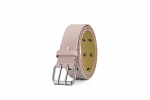 Pink punk leather belt detail view with metal double pin buckle, eyelets and cool rivets.