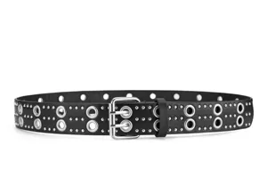 Black punk grommet belt detail featuring double metal prong buckle and metal studs.
