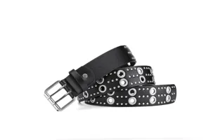 Black punk leather belt with double grommets and metal studs for women and men alternative fashion.