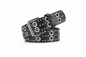 Black punk leather belt with double prong buckle, metal grommets and rock stud hardware.