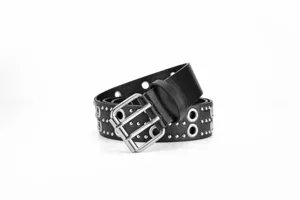 Detailed close-up of black punk leather belt featuring metal double prong buckle and rivets.