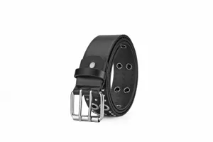 Punk style black leather belt featuring double grommets and metal double-prong buckle details.