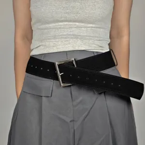Cinturón ancho de cuero PU para mujer con hebilla cuadrada plateada para vestidos elegantes