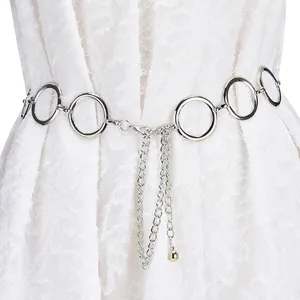 Elegant silver metal waist chain featuring circular hollow links for women's dresses