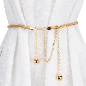 Elegant gold metal waist chain belt with dangling globes for dresses