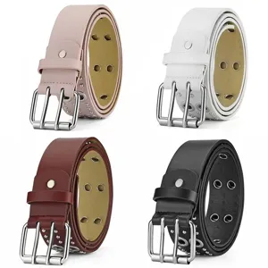 Punk style leather belt with double pin buckle and metal grommets for women jeans.