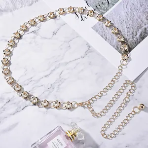 Elegant gold metal waist chain with rhinestone flower inlay for dresses and coats