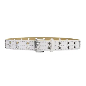 White punk style double grommet rivet leather belt, fashionable unisex jeans waist belt.