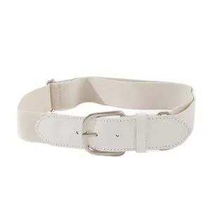 Adjustable white high-elastic sports baseball belt with PU leather front and metal buckle