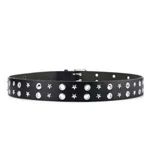 Punk black leather belt with double eyelets and metal star studs, detailed metal pin buckle.