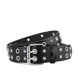 Stylish black leather grommet belt punk star double prong buckle for men denim pants