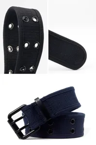 Canvas belt detail showing double eyelets, metal double-prong buckle, and durable fabric.
