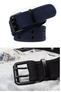 Detail shot of casual double-prong canvas belt with metal eyelets, perfect for denim jeans.