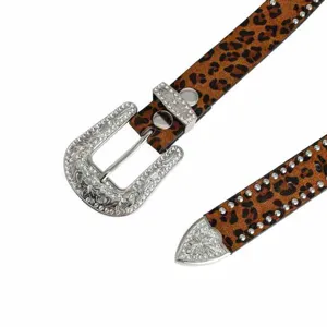 Leopard print rhinestone western belt with vintage silver carved buckle and metal rivets.