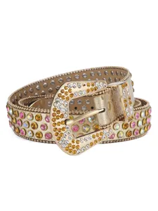 Close-up detail shot of the luxury rhinestone studded western belt with sparkling crystal gems.