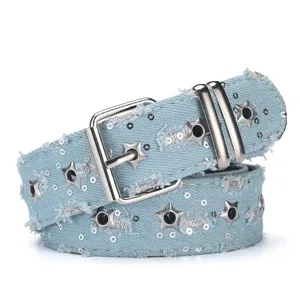 Light Blue Denim Star Rivet Belt Punk Style Distressed Sequin Waistband Fashion Detail