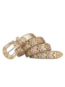 Detailed view of a luxury rhinestone studded western belt with sparkling crystals and buckle.