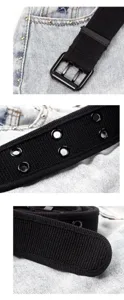 Close-up details of double grommet canvas belt with metal double prong buckle for daily jeans.