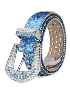 Close-up of sparkling blue rhinestone studded leather belt with shiny metal buckle and studs.