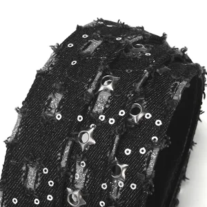 Black punk fabric belt with star grommets, sequins, distressed denim look, detailed view.