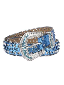 Blue rhinestone western belt sparkling crystal studded leather belt for women fashion cowgirl detail
