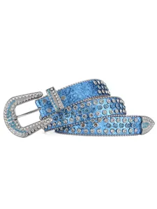 Blue rhinestone western glitter leather belt punk studded crystal wide belt detail view.