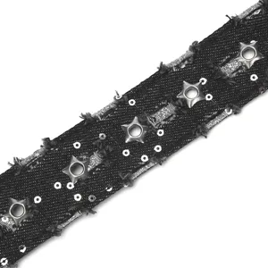 Punk style black denim belt detail with silver star eyelets and sparkling sequins.
