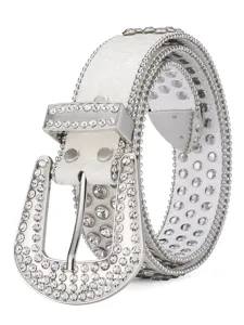 White rhinestone studded leather belt, sparkly crystal western punk wide waist belt for women