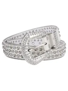 White rhinestone leather belt, western crystal studded glam punk sparkling wide waist accessory
