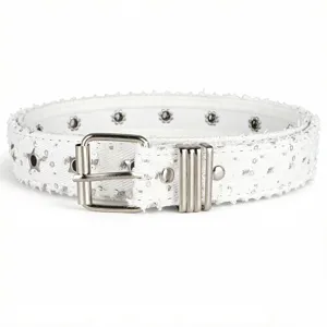 White denim punk star belt with fringe, metal buckle, and sequin details for women fashion.