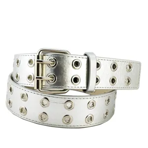 Ceinture argentée style punk métallique à double œillets avec boucle pour femmes.