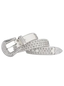Detailed close-up view of a fashionable rhinestone studded western leather belt with sparkling crystals.