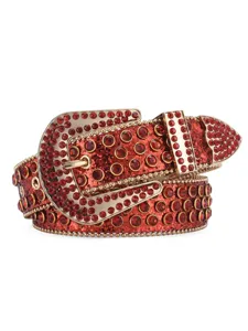 Red rhinestone western belt sparkling glitter leather with ornate gold tone buckle.
