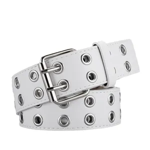 Ceinture punk blanche à double œillet, cuir PU avec œillets métalliques et double boucle ardillon.