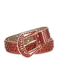 Red rhinestone western belt sparkling crystal punk wide leather belt for women fashion accessories